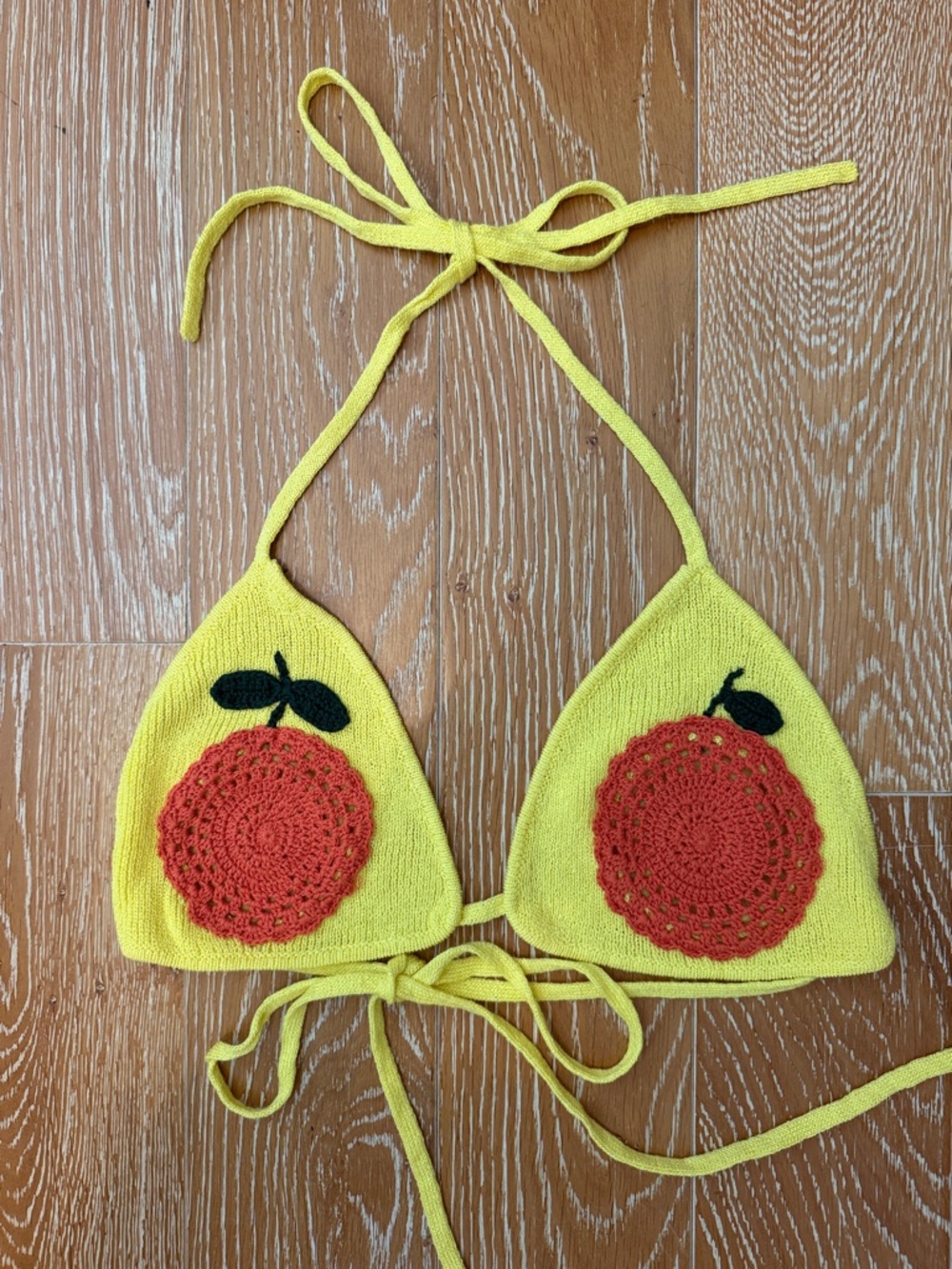 NEW STAUD Yellow Crochet Peach Appliqué Triangle Bikini Top